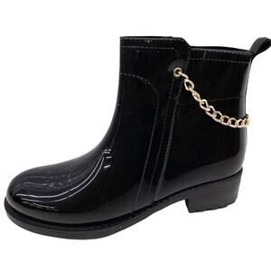 Henry Ferrera Black  Patent Chain Accent Relax Urban Chic Rain Boots 9 Women's